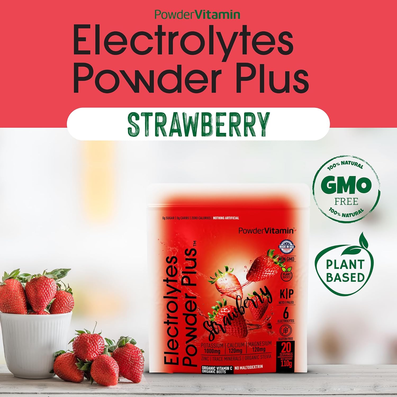 PowderVitamin Electrolytes Powder Plus (100 Servings) Strawberry Electrolyte Powder Zero Calorie Keto,0 Sugar, No Maltodextrin,1000mg Potassium,120mg Calcium,120mg Magnesium, Hydration Powder