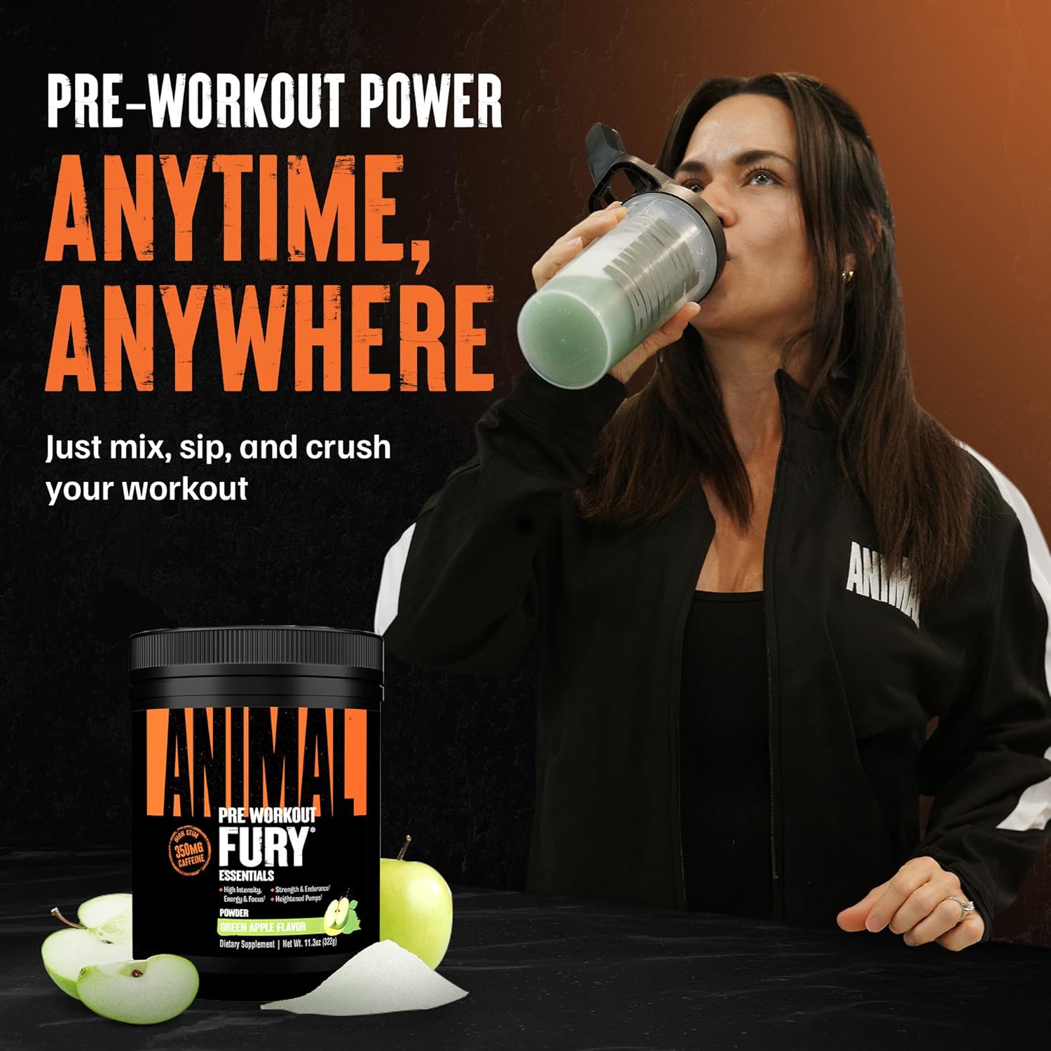 Animal Fury Pre Workout Powder - Green Apple, 350mg Caffeine, BCAA Amino Acids, 2g Beta Alanine, Citrulline & Tyrosine, Energy, Focus, Strength, Endurance, Preworkout for Men & Women, 20 Servings