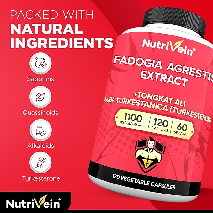 Nutrivein Premium Fadogia Agrestis and Tongkat Ali Supplement with Turkesterone - 1100 mg - 120 Caps - Synergistic Blend for Performance, Strength, & Recovery for Men & Women of All Ages