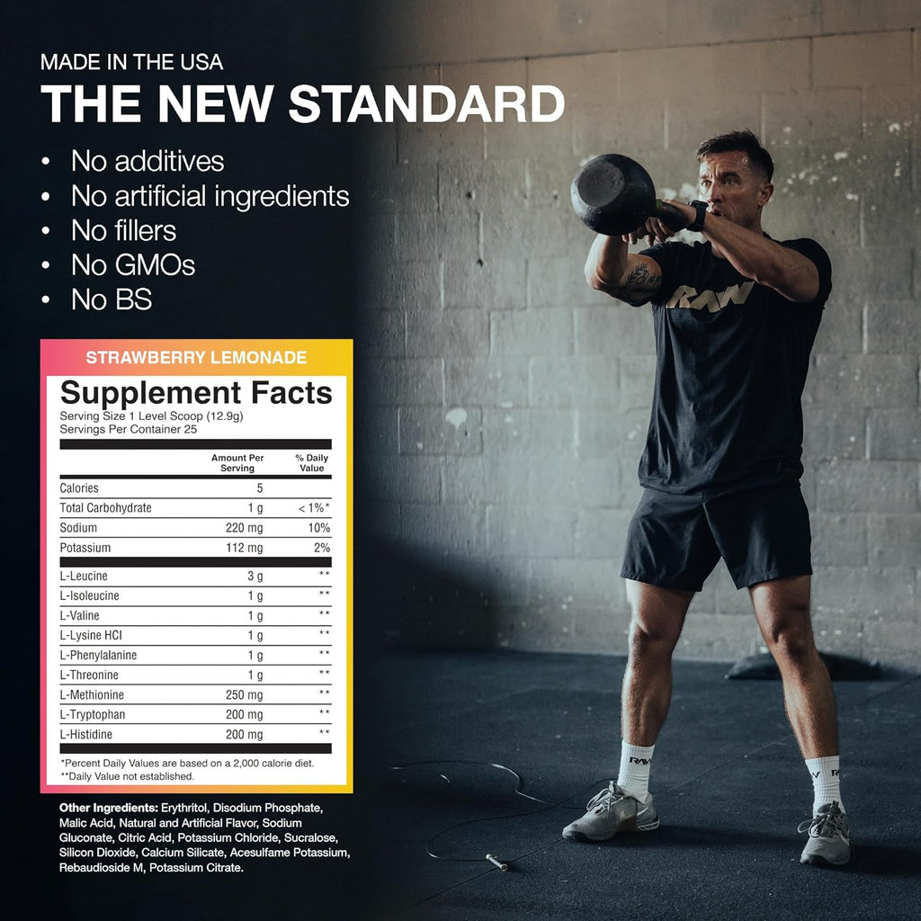 RAW EAA Amino Acids Powder, Strawberry Lemonade (25 Servings) - Pre Workout Amino Energy Powder for Strength, Endurance, Recovery & Lean Muscle Growth - BCAA Amino Acids Supplement for Men & Women