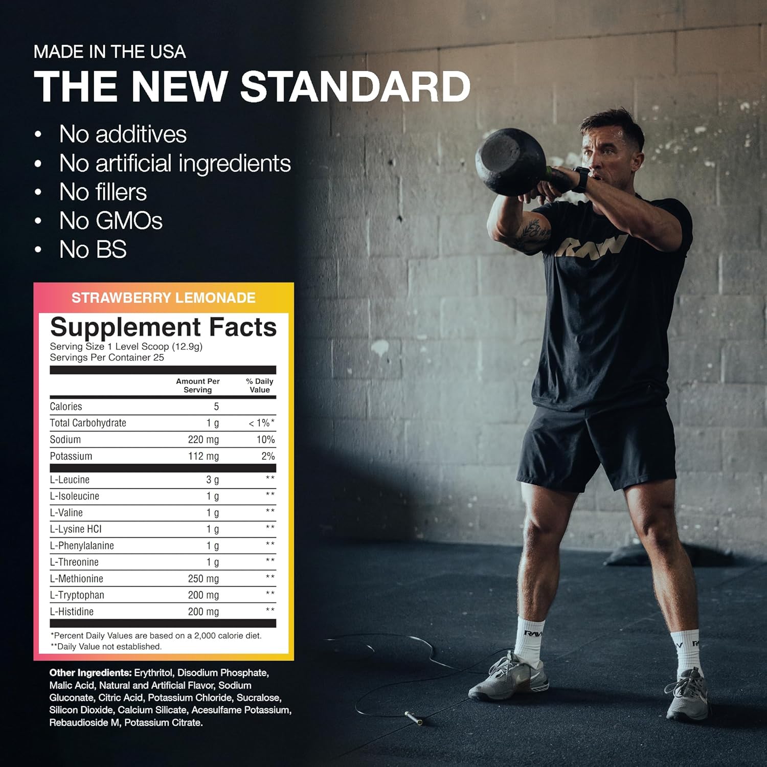 RAW EAA Amino Acids Powder, Strawberry Lemonade (25 Servings) - Pre Workout Amino Energy Powder for Strength, Endurance, Recovery & Lean Muscle Growth - BCAA Amino Acids Supplement for Men & Women