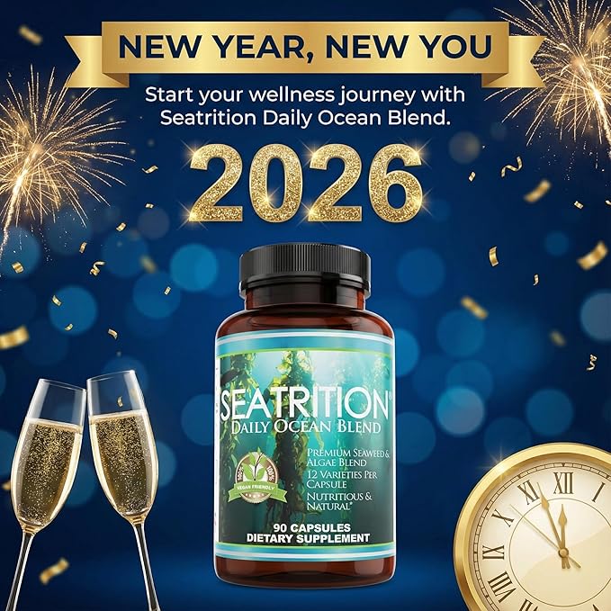 Seatrition Immune Thyroid Support Pure 12 Whole Seaweed Plants Vegan Friendly (1 Year Supply) Natural Multi Vitamin Sea Minerals Wholefood Nutrition Supplement 90 Veg Capsules - 12 Pack