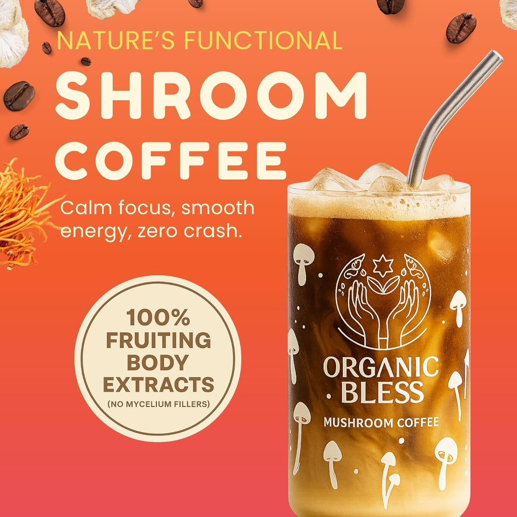 Organic Bless Instant Mushroom Coffee Powder – Organic Lion’s Mane, Reishi & Cordyceps Blend for Energy, Focus & Clarity – Adaptogenic Coffee with Coconut Milk & MCT Oil – 30 Servings