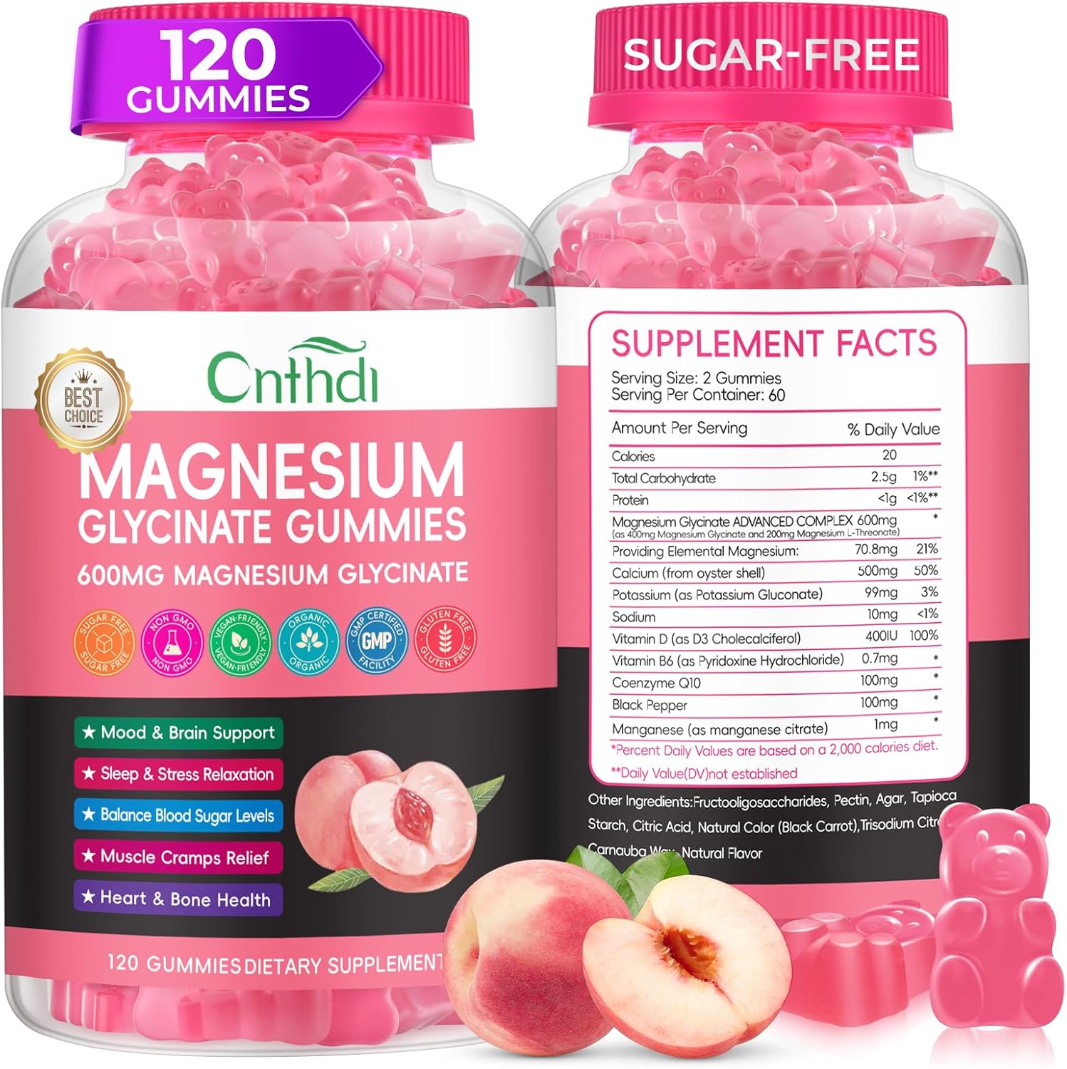 Magnesium Glycinate Gummies Sugar Free, High Absorption Magnesium Complex with L-Threonate, Calcium, B6, D3, Chews Gummies, Relaxation, Stress Relief, Night Rest