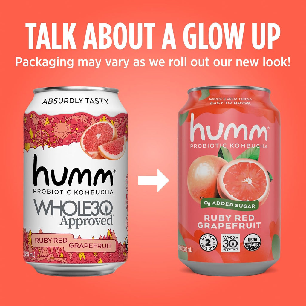 Humm Whole30 Approved Kombucha, Ruby Red Grapefruit, Organic, Vegan & GMO Free (24 Pack)