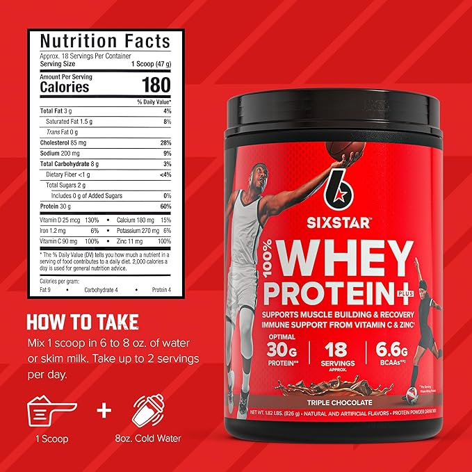 Six Star Whey Protein Powder Plus - Muscle Building & Recovery Formula with Whey Isolate Powder, BCAAs, 30g Protein, Immune Support - Post-Workout Supplement - Triple Chocolate, 1.8 lbs