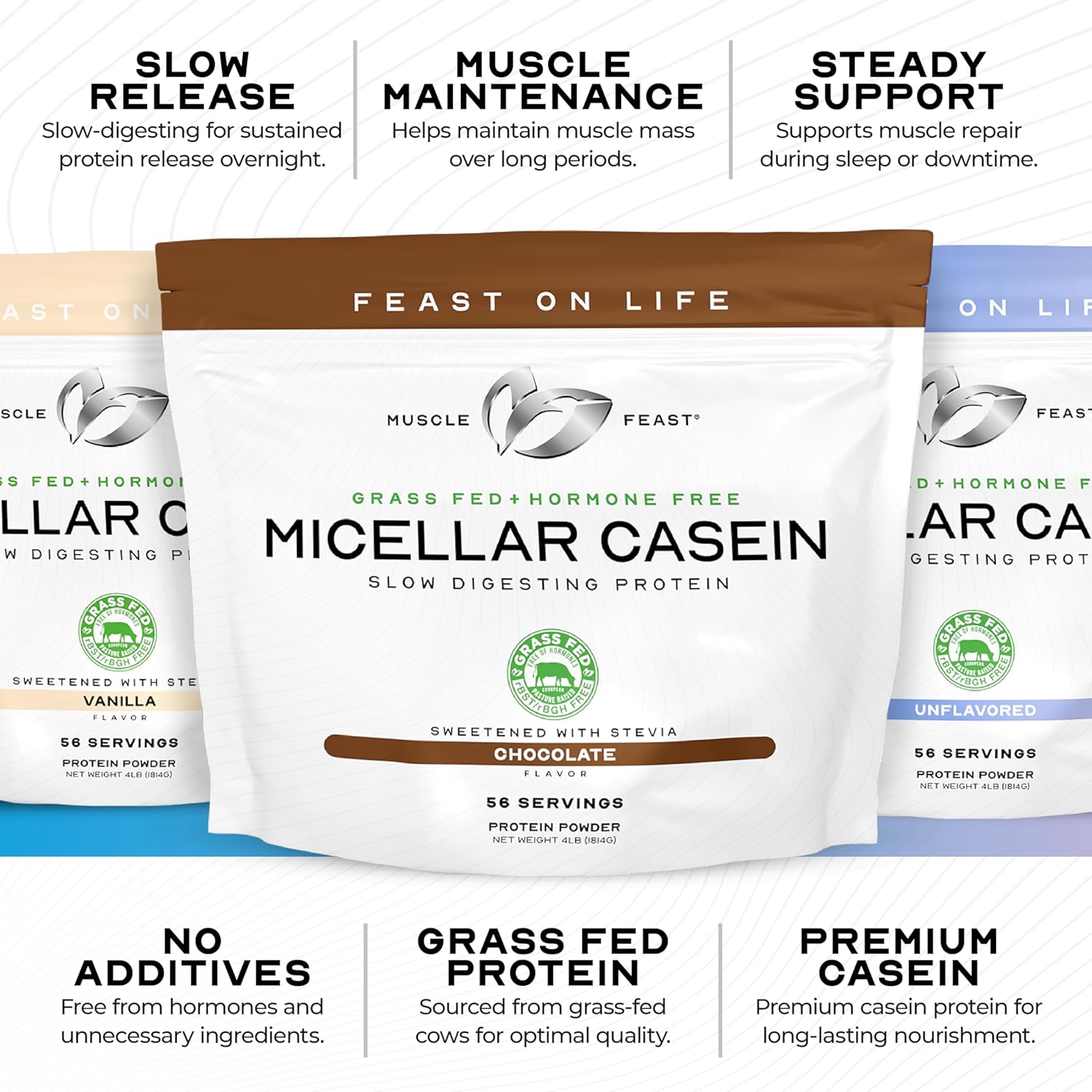 Muscle Feast Grass Fed Micellar Casein Protein Powder, Pasture Raised & Hormone Free, Slow Digesting Casein Protein - Supports Overnight Muscle Recovery, Gluten Free Protein Powder - Vanilla, 4lb