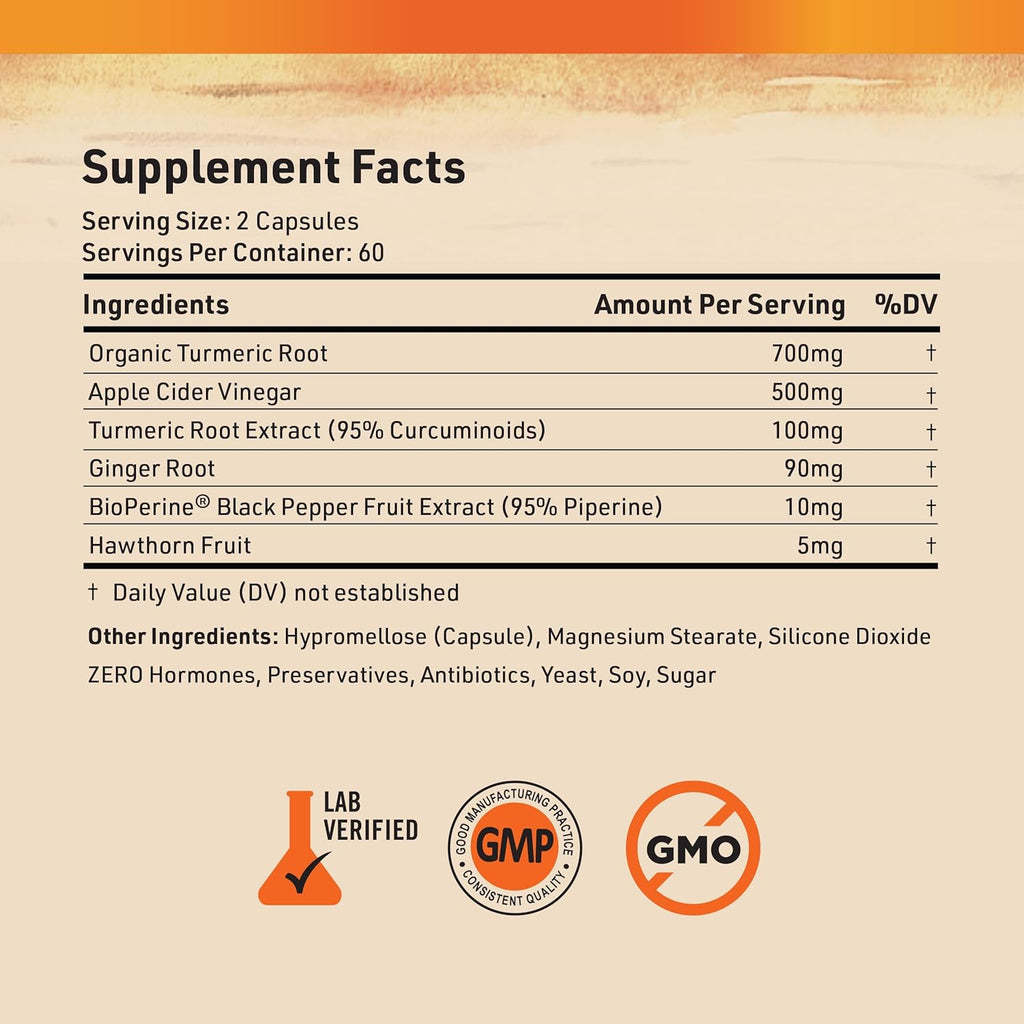 Nature's Base Turmeric and Ginger Supplement - with Curcumin, Apple Cider Vinegar & BioPerine Black Pepper Extract - 95% Curcuminoids - 120 Capsules