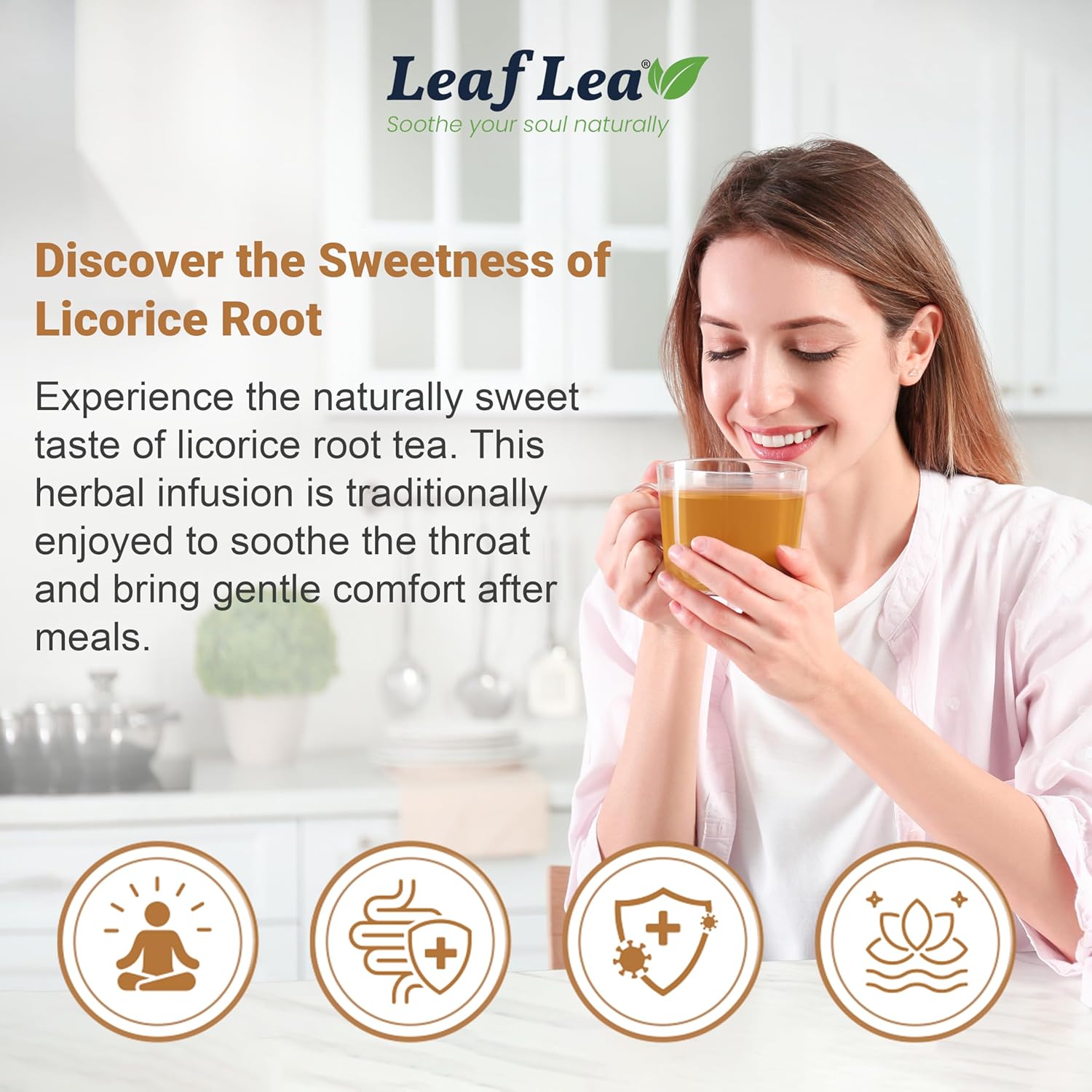 LeafLea 40 Premium Licorice Root Tea Bags, 100% Pure Licorice Spice Tea, Herbal Infusion to Digestive Comfort & Promote Respiratory Health, Te De Regaliz, Caffeine-Free, Sugar-Free, Soothing Flavor
