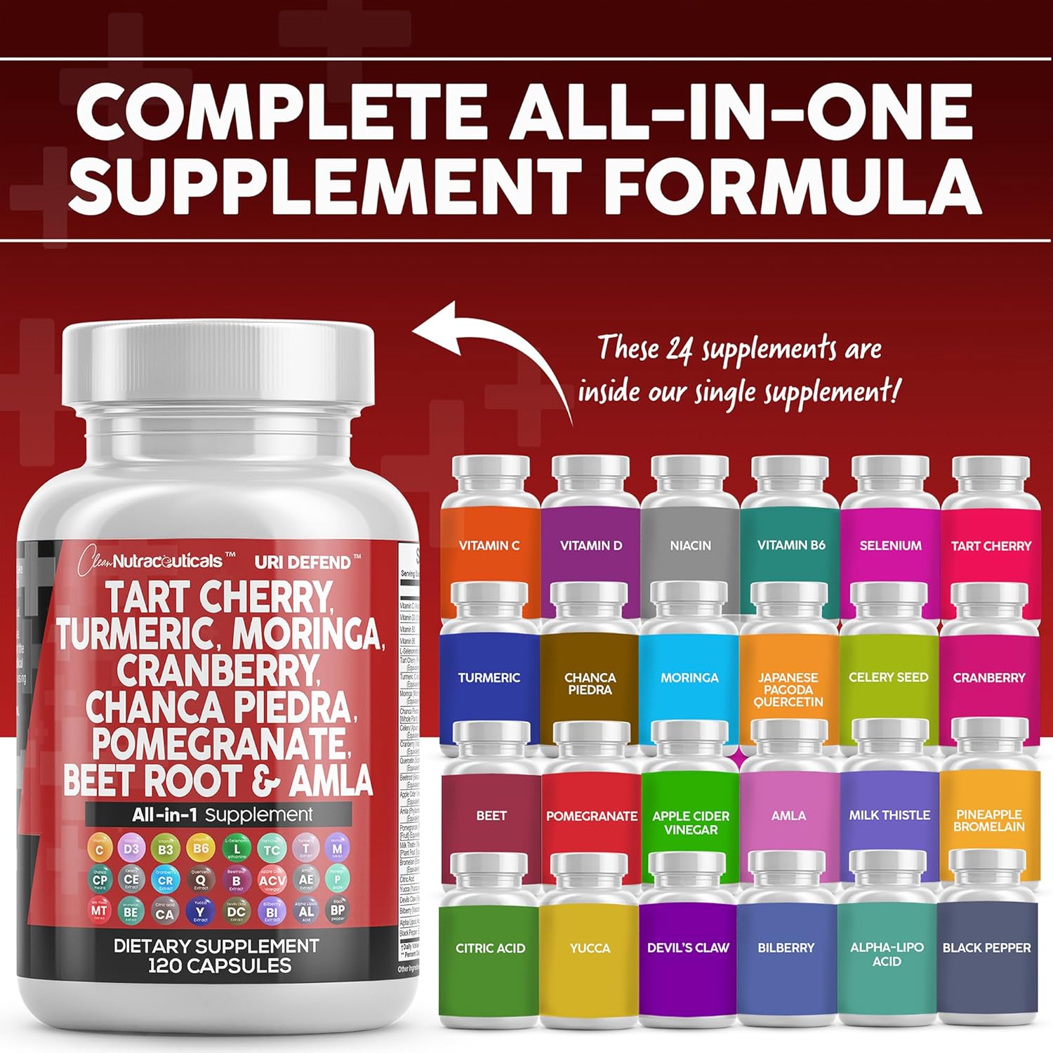 Clean Nutraceuticals Tart Cherry Extract Capsules with Turmeric Moringa Cranberry Chanca Piedra Celery Quercetin ACV Pomegranate L Selenomethionine - Uric Levels - 120 Ct