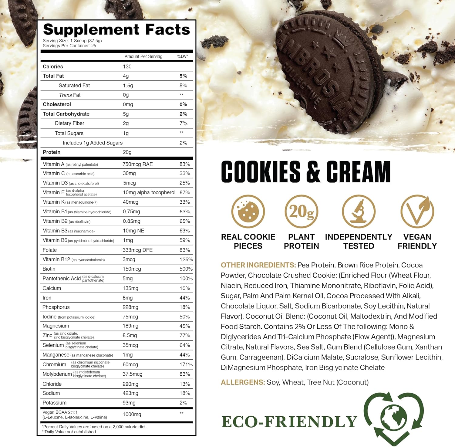 Ambrosia Planta - Premium Organic Plant-Based Protein | Vegan & Keto Friendly | Gourmet Flavors with No Bloating or Stomach Upset | Gluten & Soy Free | No Added Sugar | 25 Servings | Cookies Cream