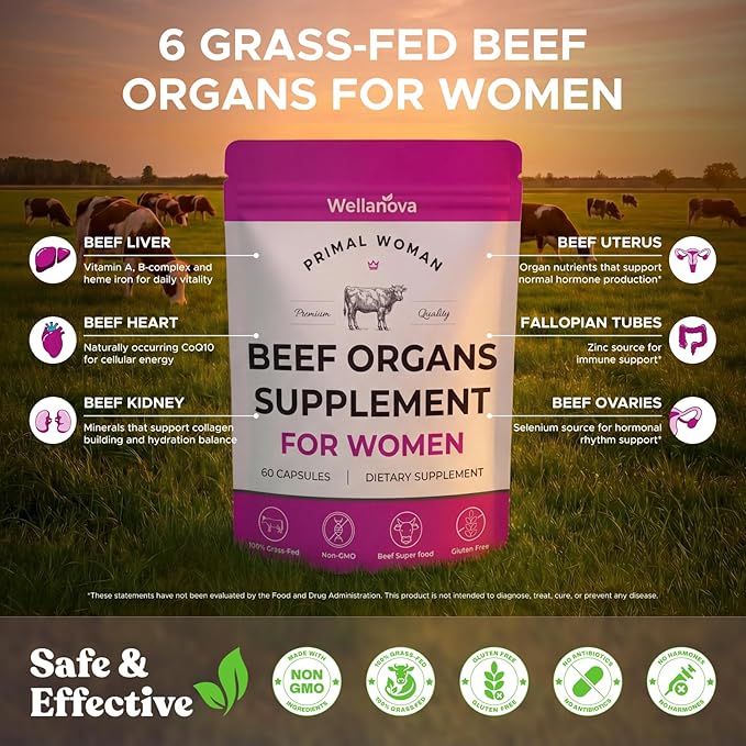 Beef Organ Supplement for Women, Primal & Ancestral Organ Meat Supplements with Uterus & Liver for Hormone Balance & Energy - 60 Day Supply