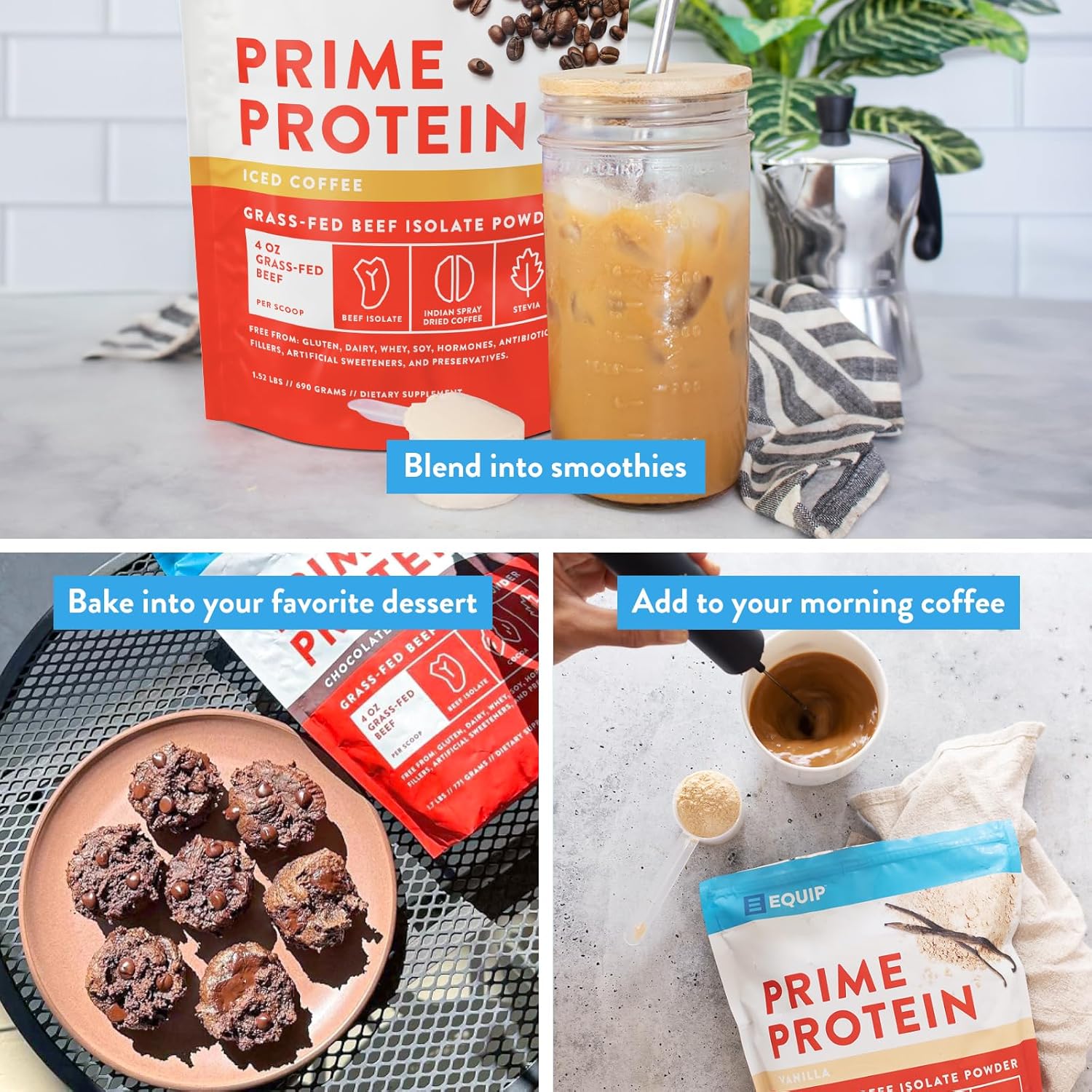 Equip Foods Prime Protein Powder | Clean, Grass Fed Beef Protein Isolate | Carnivore Protein Powder | Paleo, Keto Friendly | Gluten, Dairy Free | Helps Build & Repair Tissue | 30 Servings, Iced Coffee