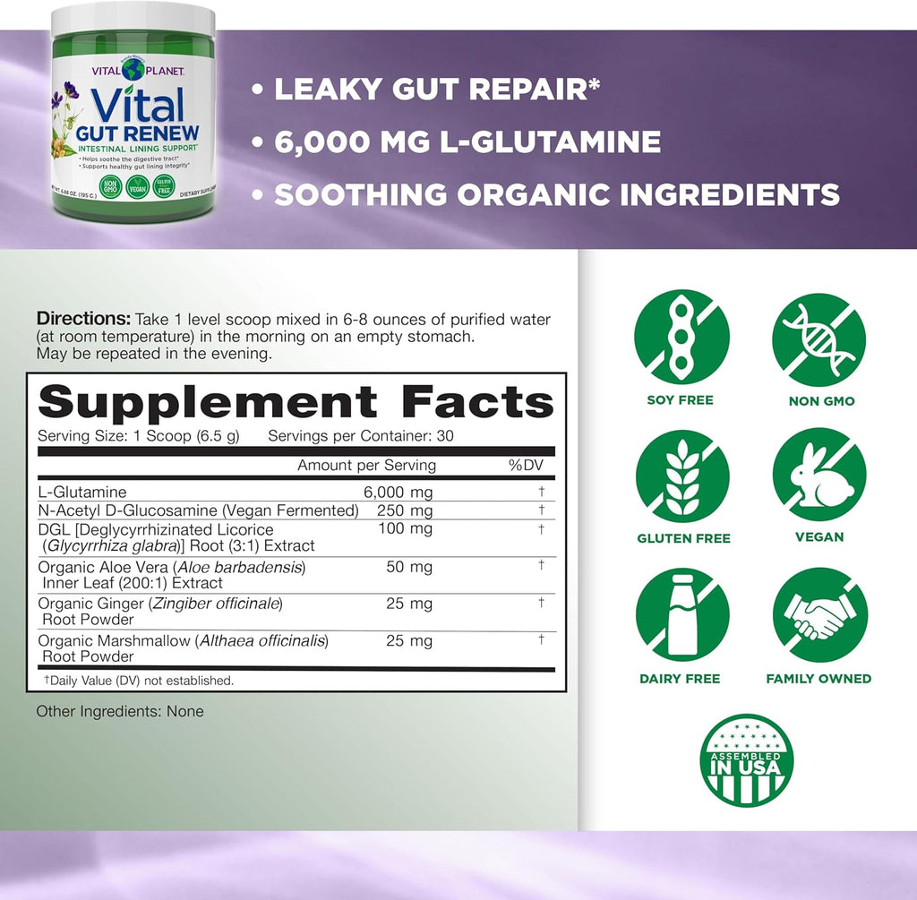 Vital Planet - Vital Gut Renew Powder Supplement for Leaky Gut Repair with L-Glutamine, Marshmallow and Ginger Root, DGL Licorice Root and Organic Aloe Vera, L Glutamine 6000mg 6.88 oz