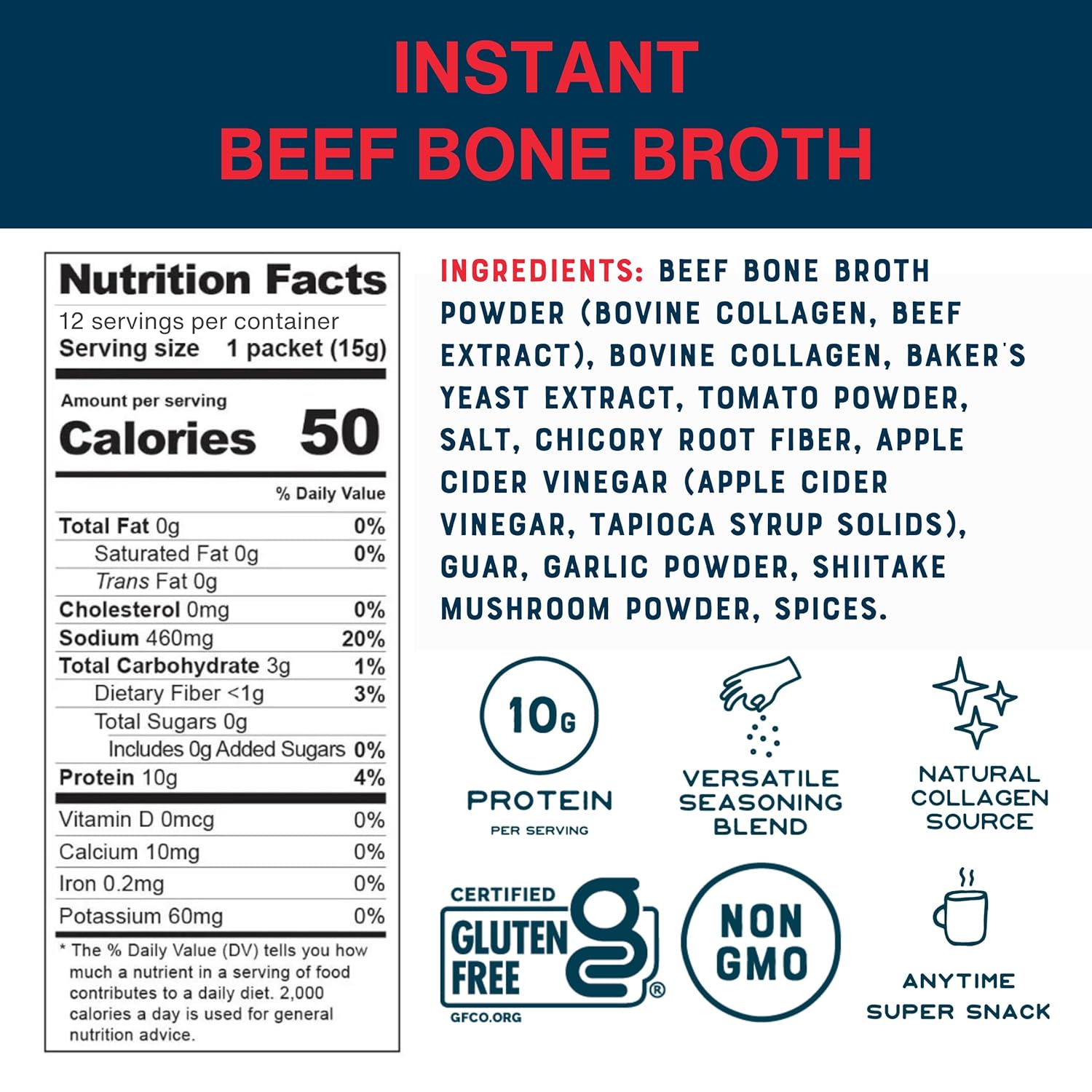 Bare Bones Beef Bone Broth Instant Powdered Mix | Rich Savory Packets on-the-Go No Artificial Flavors | 100% Grass Fed Keto & Paleo Friendly | 10g Protein | 12 Pack