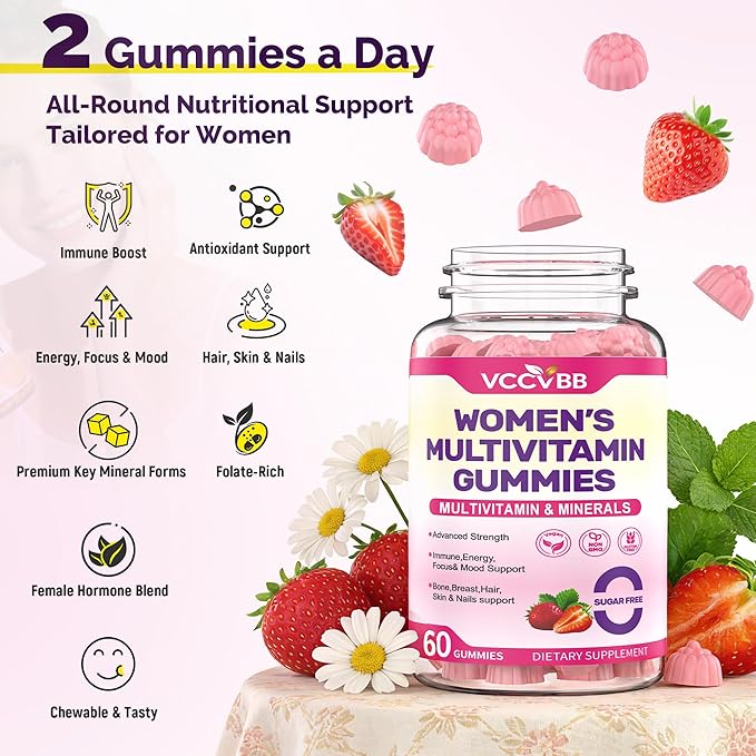All-in-One Women's Multivitamin Gummies with Complete Vitamin & Mineral Complex, Herbal Blends for Energy, Overall Health, High Potency Hair Skin and Nails Vitamins, Strawberry Flavor, 60 Count