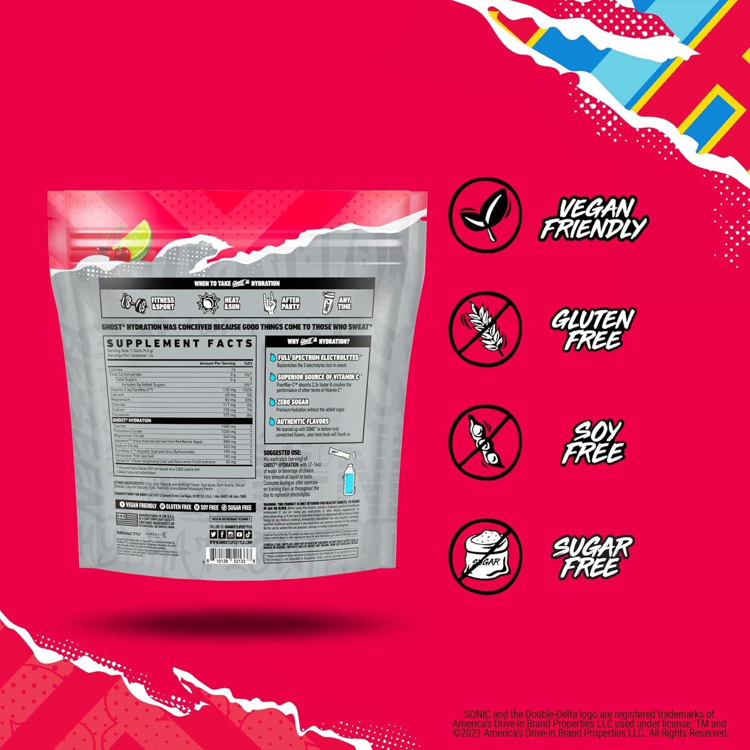 GHOST Hydration Packets, Sonic Cherry Limeade, 24 Sticks, Electrolyte Powder - Drink Mix Supplement with Magnesium, Potassium, Calcium, Vitamin C - Vegan Friendly, Free of Soy, Sugar & Gluten