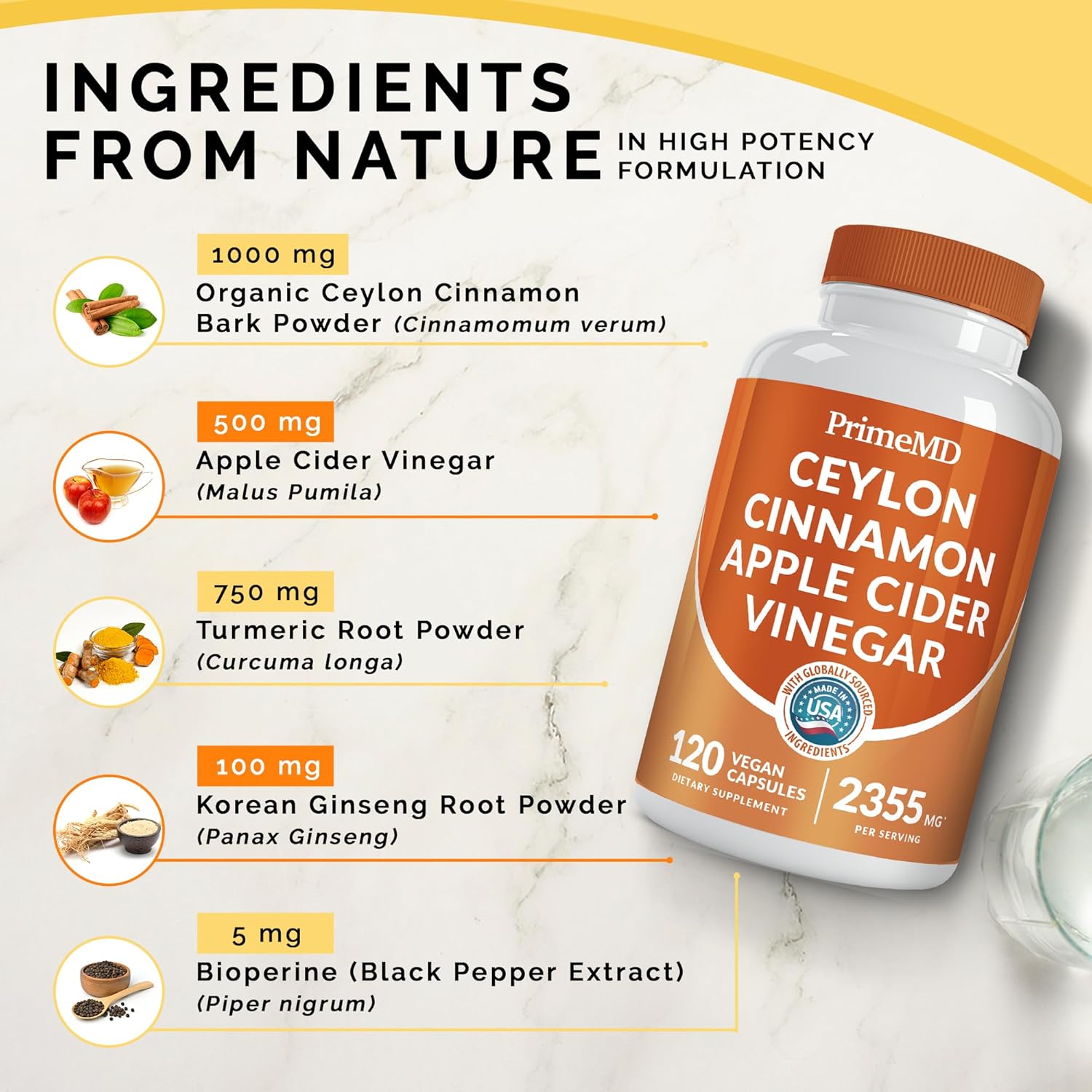 5-in-1 Ceylon Cinnamon Capsules 2355mg - Apple Cider Vinegar Capsules with Turmeric, Panax Ginseng, and Bioperine (120 Count, Pack of 2)