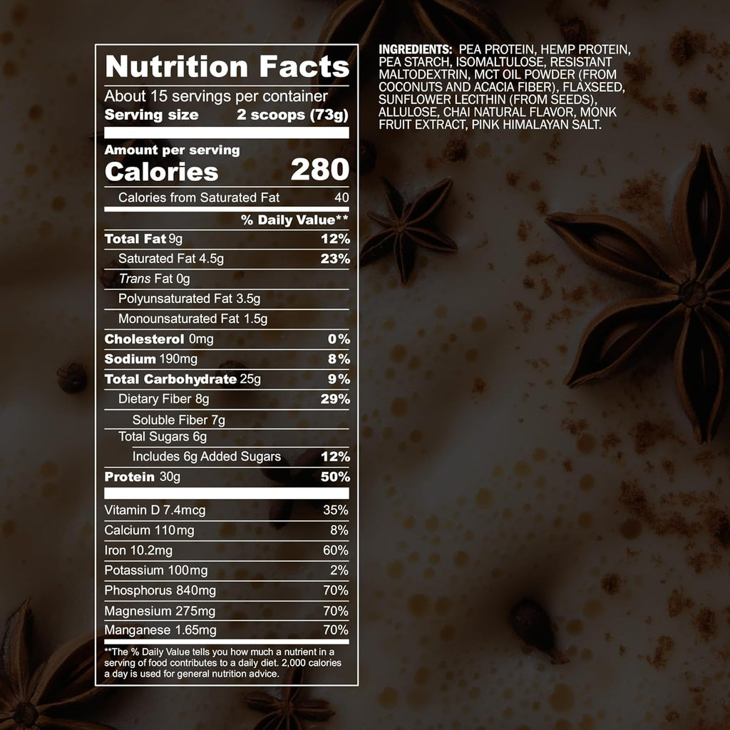 Blueprint by Bryan Johnson Vegan Protein Meal Replacement – Plant Based Hemp Protein with 27g Protein Per Serving – Low Calorie, Chai Flavored Protein for Women & Men – Dairy Free– 15 Servings