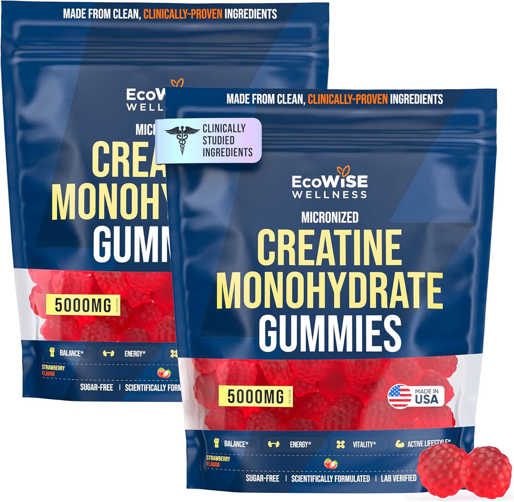Creatine Monohydrate Gummies 5000 mg, Strawberry Flavor, 120 Sugar-Free Vegan Chews, Creatine Supplement for Daily Routine, Pack of 2