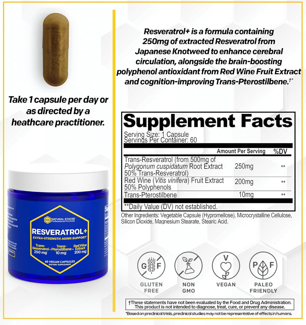 Resveratrol Supplement - 250mg Trans-Resveratrol & 10mg Trans-Pterostilbene - Antioxidants Supplement with 200mg Red Wine Extract - Extra Strength Aging Support - 60 Japanese Knotweed Capsules
