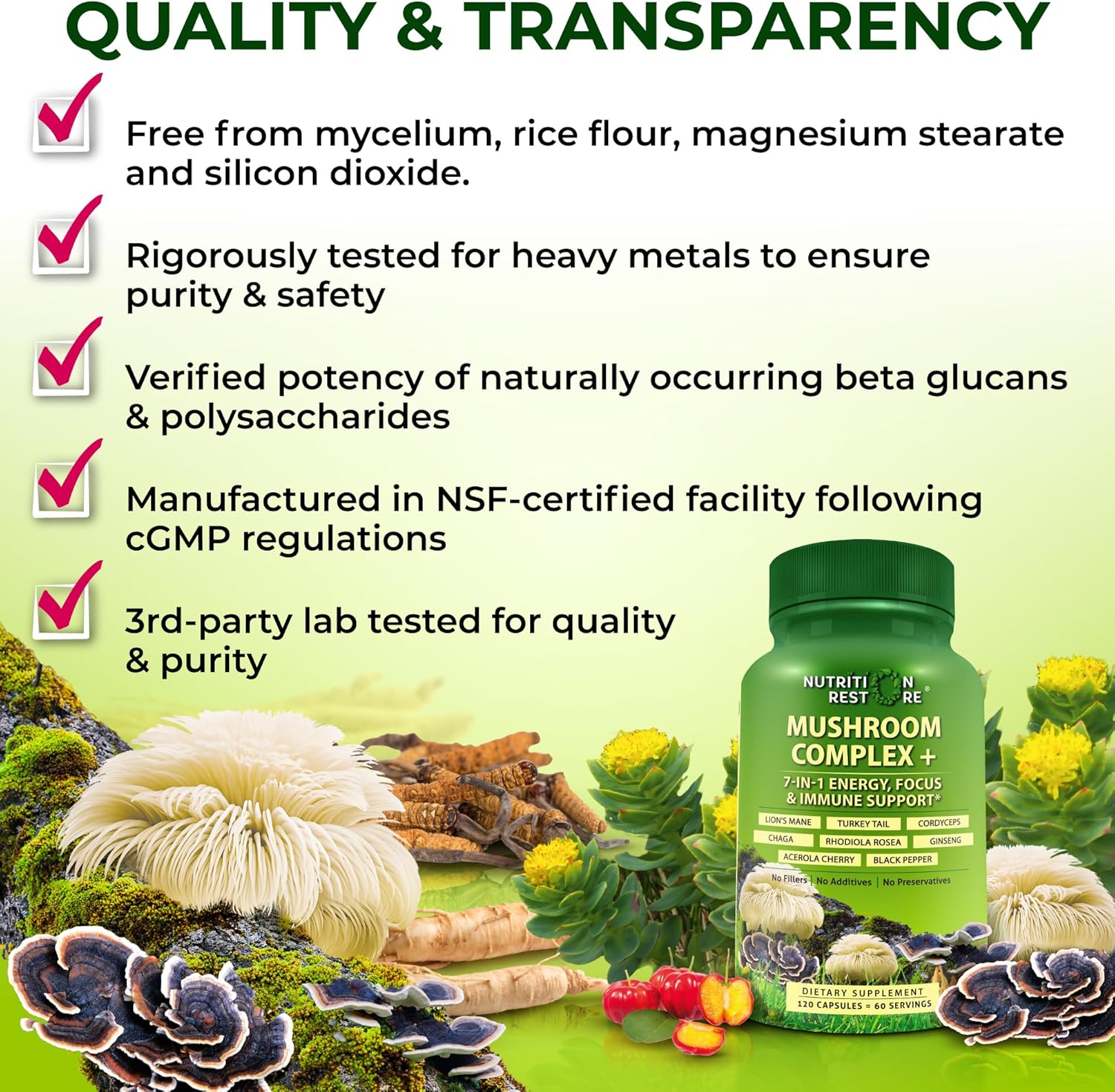 Organic Mushroom Complex: Lion's Mane, Turkey Tail, Cordyceps, Chaga, Contains Naturally Occurring Beta Glucans - Organic Energy & Immune Support Blend: Rhodiola Rosea, Ginseng & Acerola Cherry 120Ct