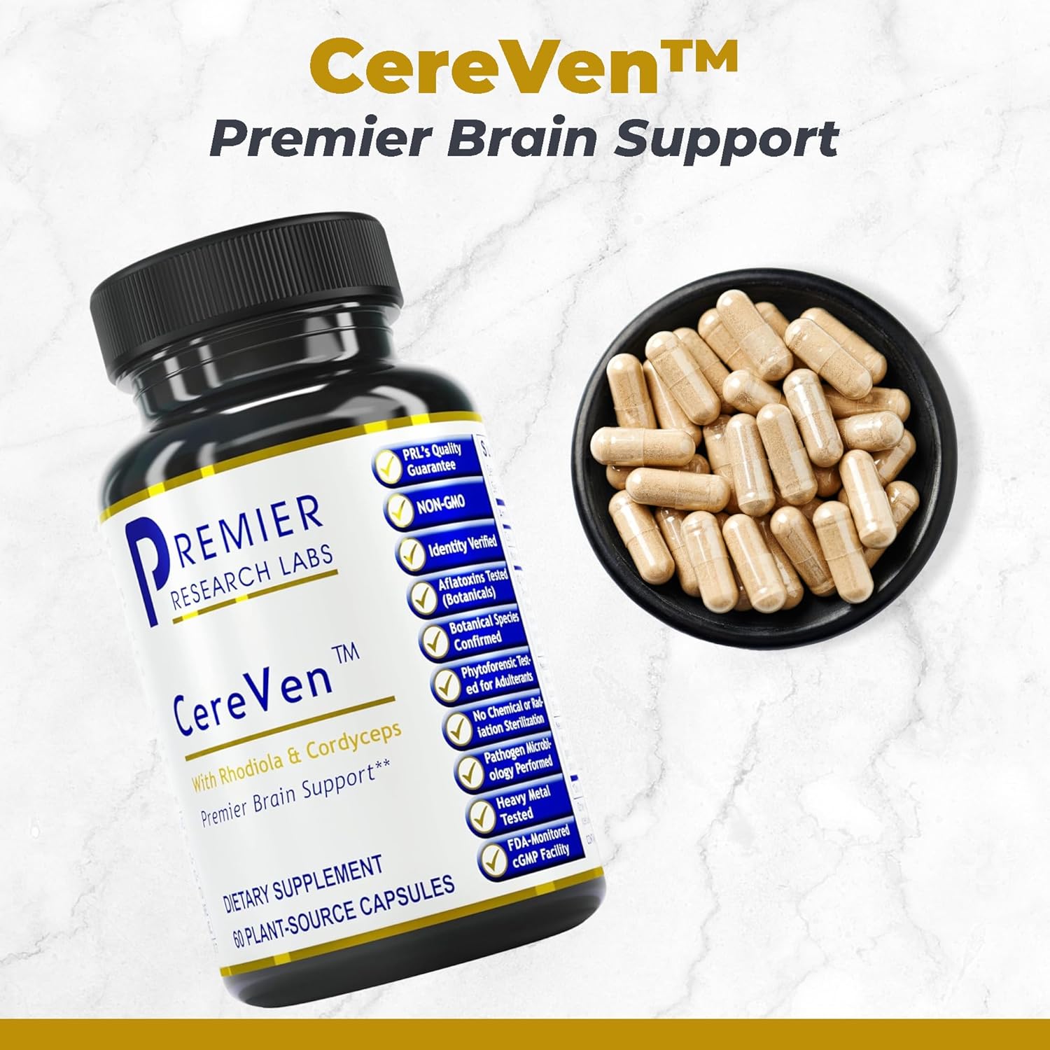 Premier Research Labs CereVen - Herbal Brain Supplement for Memory & Focus Featuring Rhodiola Rosea, Rhodiola Rosea Supplement for Brain Health Support - 60 Vegetarian Capsules