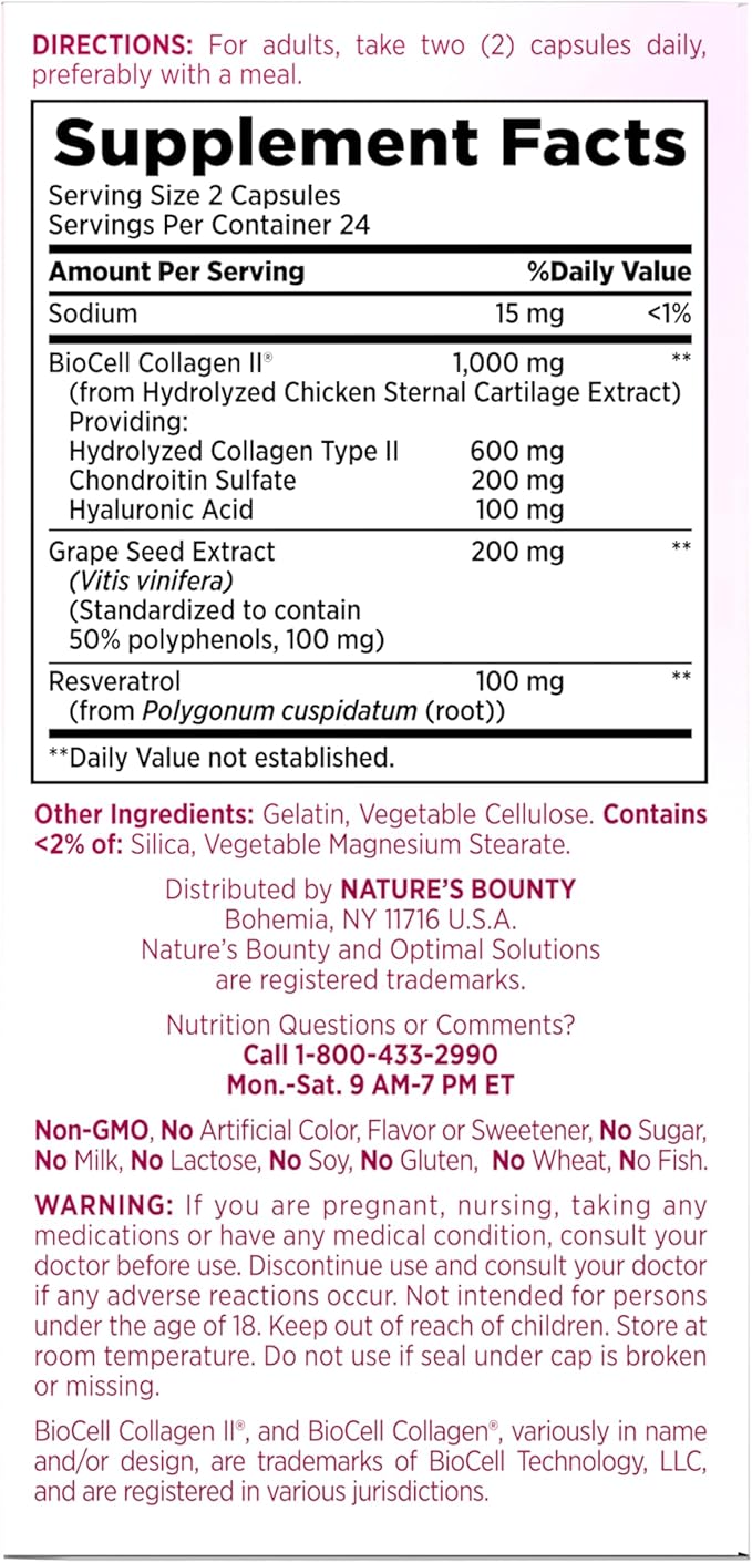 Nature's Bounty Optimal Solutions Ultra Collagen Booster for Healthy-Aging Supplement, Resveratrol, Hyaluronic Acid – Collagen Capsules for Women, 48 Capsules (Pack of 2)