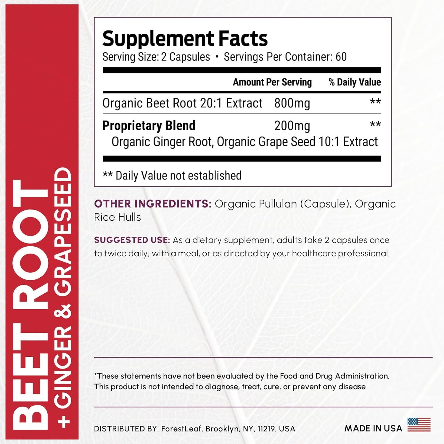 ForestLeaf Organic Beet Root Capsules - Beetroot Supplement 16000mg Strength 20:1 Extract Pills w/Ginger Grape Seed | Support Blood Pressure, Nitric Oxide, Flow, Circulation | Beets Powder - 120 Caps