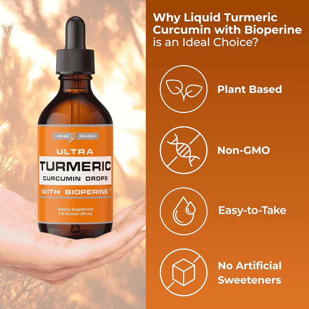 Liquid Turmeric Curcumin Extract with Black Pepper - Turmeric Drops with Bioperine - Easy-to-Take Supplements Made in USA (60ml)