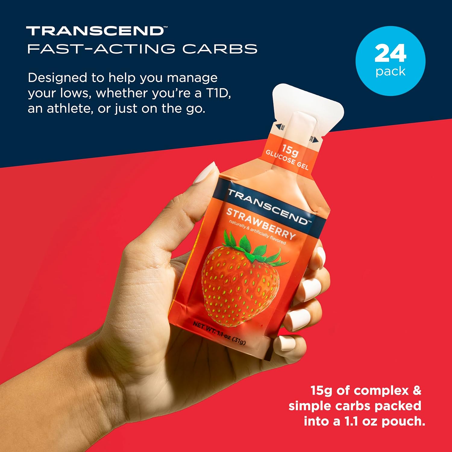 Transcend Foods Strawberry Energy Gel (1.1 oz, Pack of 24) – Fast-Acting Carb Gel, Strawberry Flavor, Caffeine Free, Gluten Free