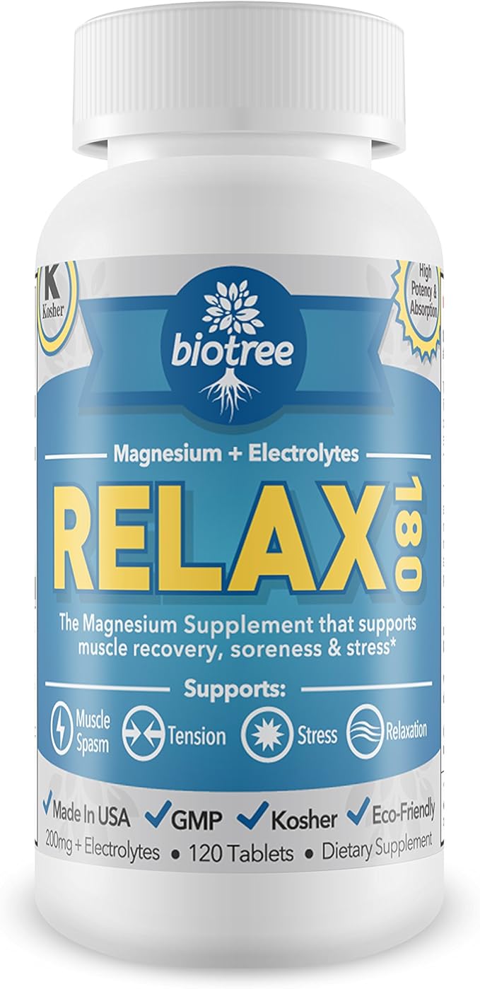 BioTree Labs Relax 180 - Pack of 3 x 120, Magnesium & Potassium Supplement with Electrolytes | 60 Days
