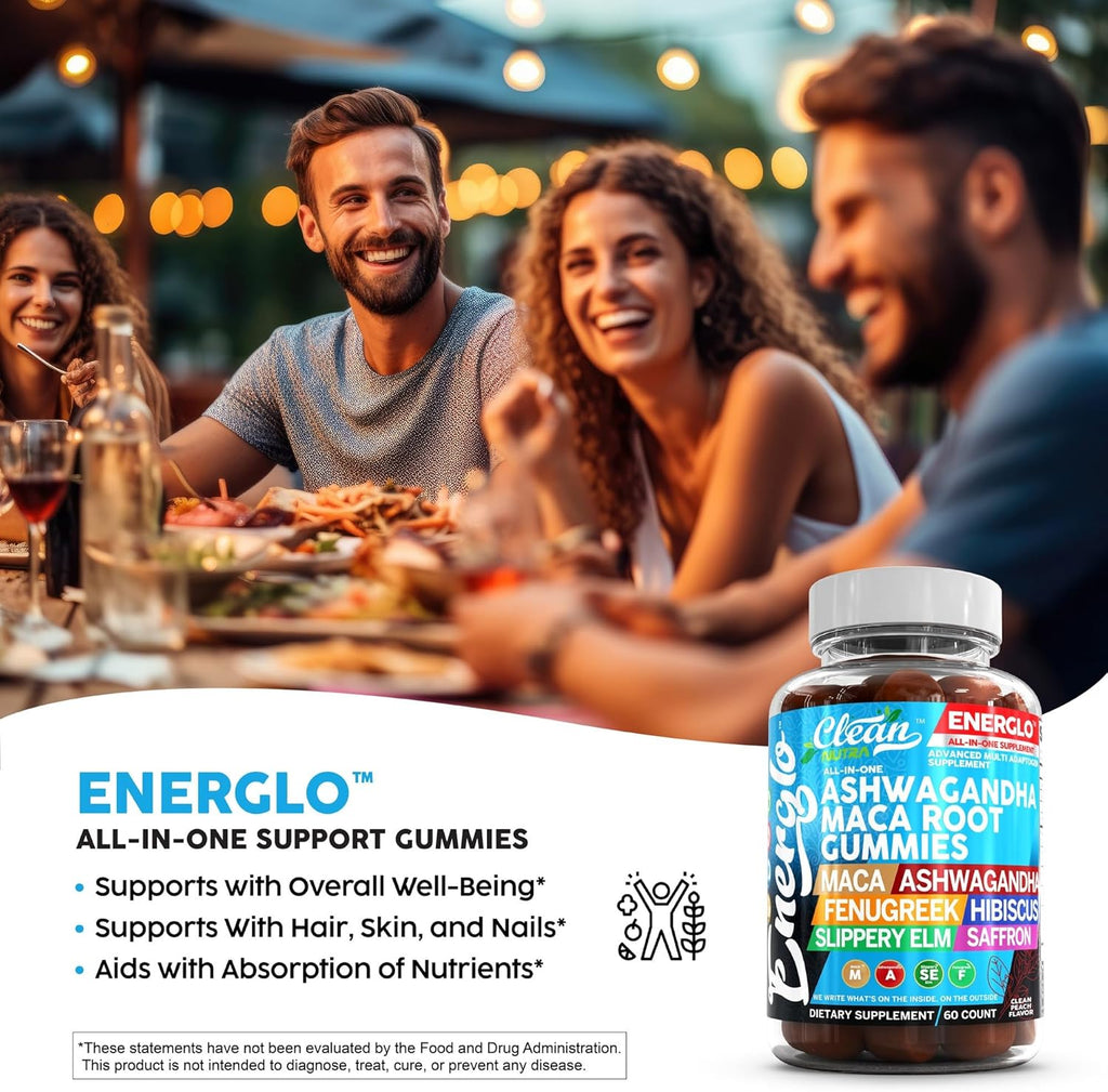 Ashwagandha Maca Root Gummies with Fenugreek Hibiscus Slippery Elm Saffron Extract & Beta Carotene | Peach Flavor Vegan Gummy Vitamins Adaptogen Cortisol Supplement Energlo by Clean Nutra