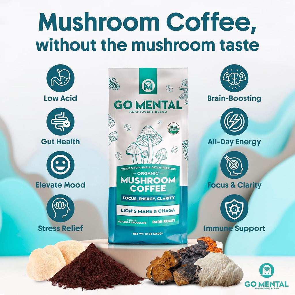 Organic Lion's Mane & Chaga Mushroom Coffee Ground Dark Roast, Full Fruiting Bodies, For Enhanced Brain Function, Immune Support, Wellbeing Grade 1 Single Origin, 12oz - Ground