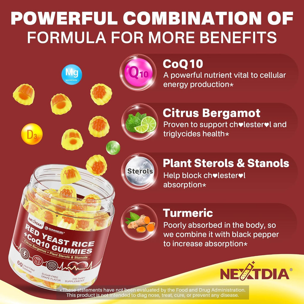 Red Yeast Rice Gummies 2400MG with CoQ10, Suagr Free Balanced Cholesterol Supplements Plus Citrus Bergamot, Plant Sterols & Stanols Supports Vascular Health, Energy, Immunity for Age 50+,Vegan,60 Cts