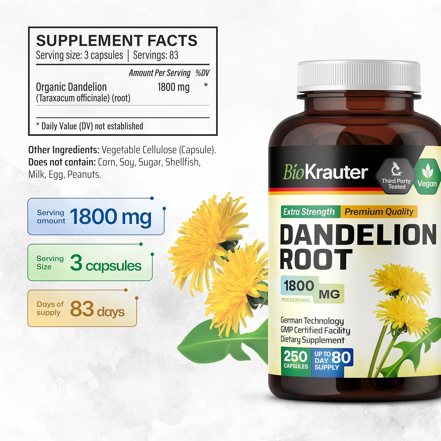 BIO KRAUTER® Dandelion Root Extract - Vegan & Pure Dandelion Root Capsules 1800 mg per Serving 250 Caps - Used for Liver & Kidney Support, Cleanse & Detox - No Fillers, Non-GMO - 83 Days of Supply