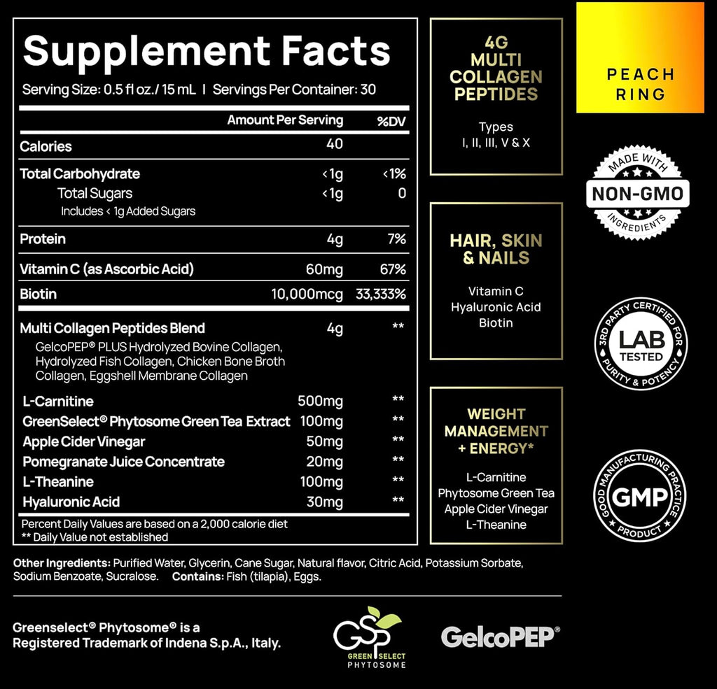Premium Liquid Collagen for Women Weight Loss & Beauty w. Hyaluronic Acid, Biotin, L-Carnitine, Apple C Vinegar - Ultra Pure Multi Collagen Protein Shots Drink + Hair & Skin Liquid Vitamins - Colageno