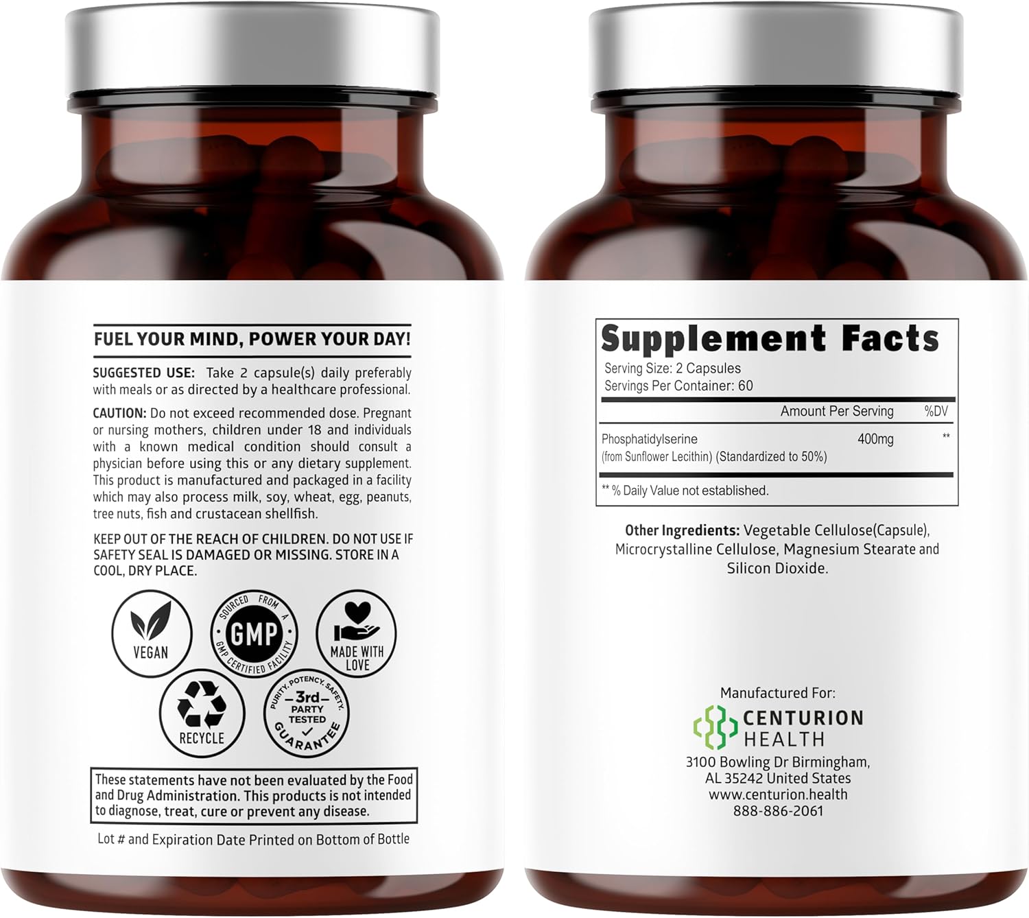 Number One Nutrition Premium Phosphatidylserine 400mg, Derived from Sunflower Lecithin to Help Support Memory, Focus & Cognition Naturally, Soy Free, 120 Veg Caps