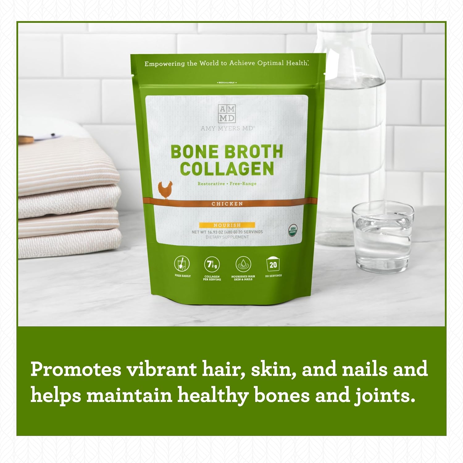 Amy Myers MD Bone Broth Collagen Powder - Organic Chicken Bone Broth - Supports Healthy Skin & Nails - for Gut Health & Joint Support - 20 Servings, Chicken Flavor