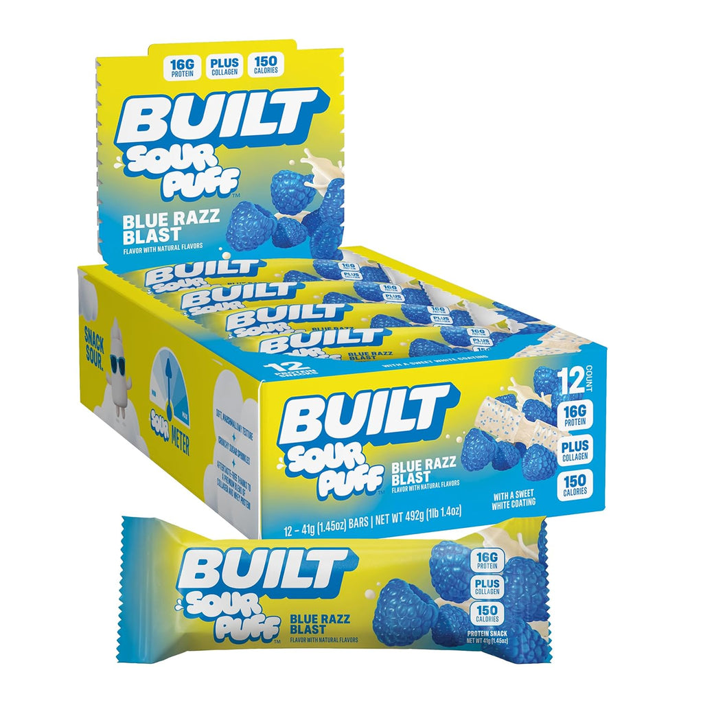 Built Bar, Sour Puff Protein Bars, Blue Razz Blast, Collagen, On-the-go Snacks, Sour Candy Snack, 12 Pack