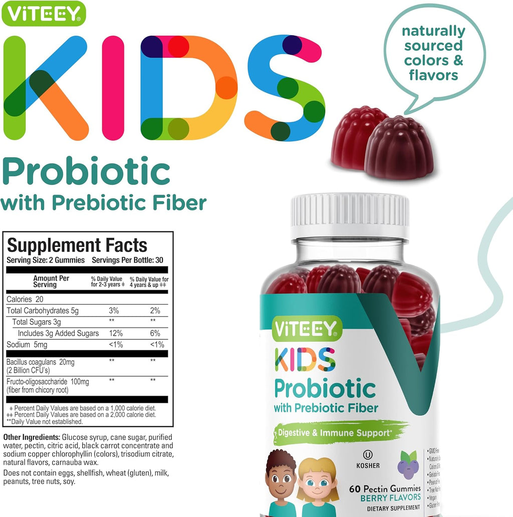 Viteey Probiotic Gummies for Kids Plus Prebiotics Fiber - 2 Billion CFUs - Digestive Health,Gut Health, Constipation Relief for Kids Support - Vegan, Gelatin Free - Chewable Probiotic Berry Flavored