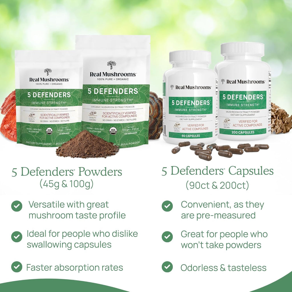 Real Mushrooms 5 Defenders Mushroom Complex Powder – Organic Mushrooms Extract from Chaga, Reishi, Turkey Tail, Maitake & Shiitake Mushroom Blend for Wellness Support with Beta Glucans - 100 Servings