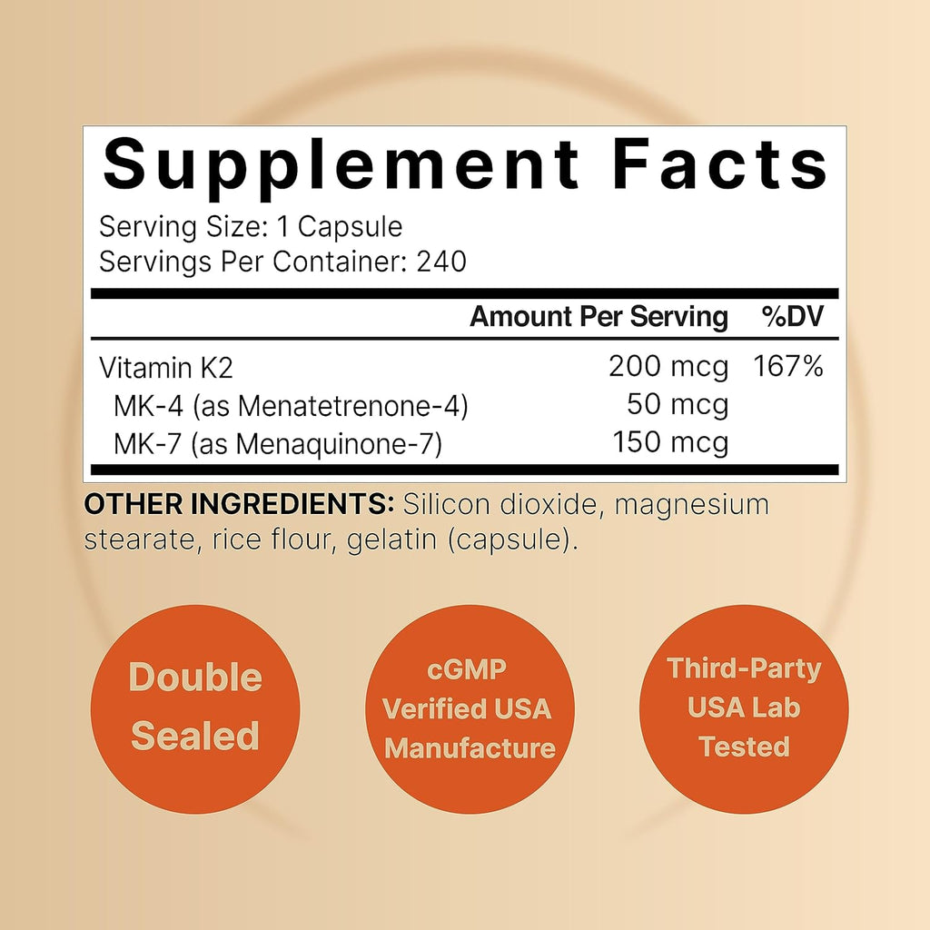 NatureBell Full Spectrum Vitamin K2 Supplement with MK-7 & MK-4, 200 mcg, 240 Capsules | 2 in 1 Formula, K Vitamins Complex – Supports Bone, Joint, and Heart Health – Non-GMO