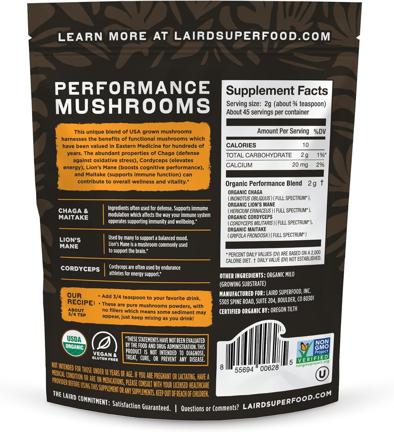 Laird Superfood Organic Performance Mushroom Blend with Chaga, Cordyceps, Lion's Mane and Maitake for Energy and Cognition, 3.17 oz. Bag, Pack of 1