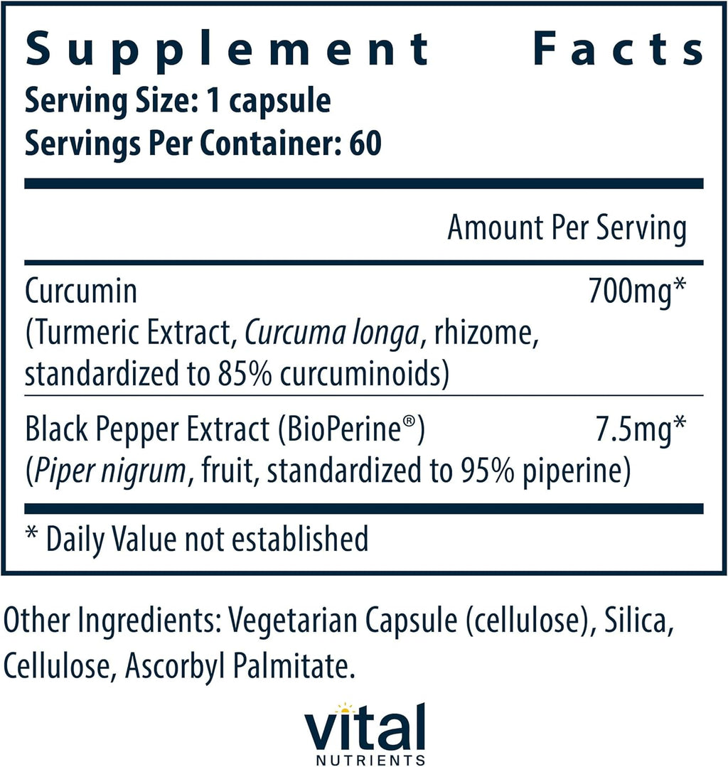 Vital Nutrients Curcumin Extract 700mg | Vegan Curcumin Supplements with Black Pepper Extract | Antioxidant Support for Joint, Liver, and Cellular Health* | Gluten, Dairy, Soy Free | 60 Capsules
