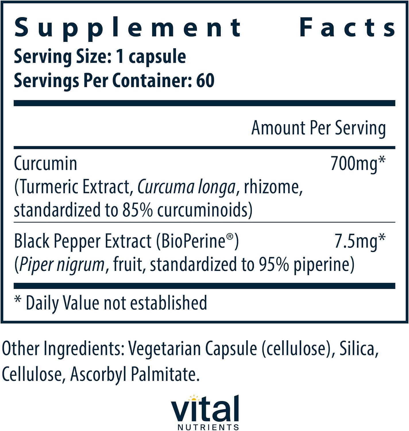 Vital Nutrients Curcumin Extract 700mg | Vegan Curcumin Supplements with Black Pepper Extract | Antioxidant Support for Joint, Liver, and Cellular Health* | Gluten, Dairy, Soy Free | 60 Capsules