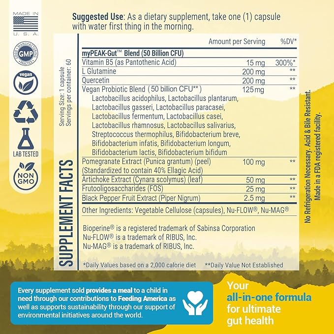 myPEAK PeakBiotic: The Ultimate Vegan Synbiotic with 50 Billion CFU Probiotics Prebiotics Postbiotics Modbiotics and Gut Lining to Enhance Digestion, Skin, and Mood with 2-Month Supply, 60 Capsules