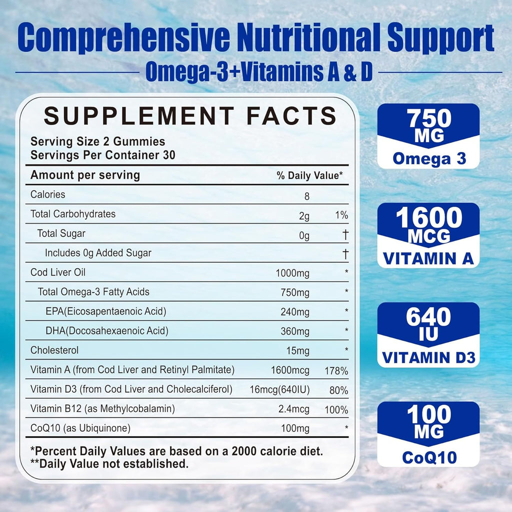 Cod Liver Oil 1000mg Gummies for Adults & Kids, with Vitamin A & D3 - Omega 3 Fish Oil Alternative - DHA 360mg & EPA 240mg for Brain, Bone, Eye & Immune Health, Sugar Free, 120 Cts