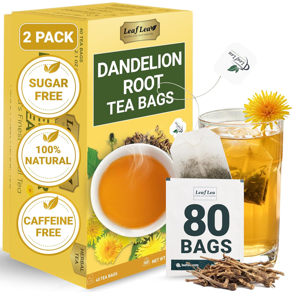 LeafLea 80 Dandelion Tea Bags, All Natural and Pure Dandelion Root Tea, Supports Digestion & Immune Health, Caffeine-Free, Vegan, No Sugar, Individually Wrapped Tea Bags, 2 Pack
