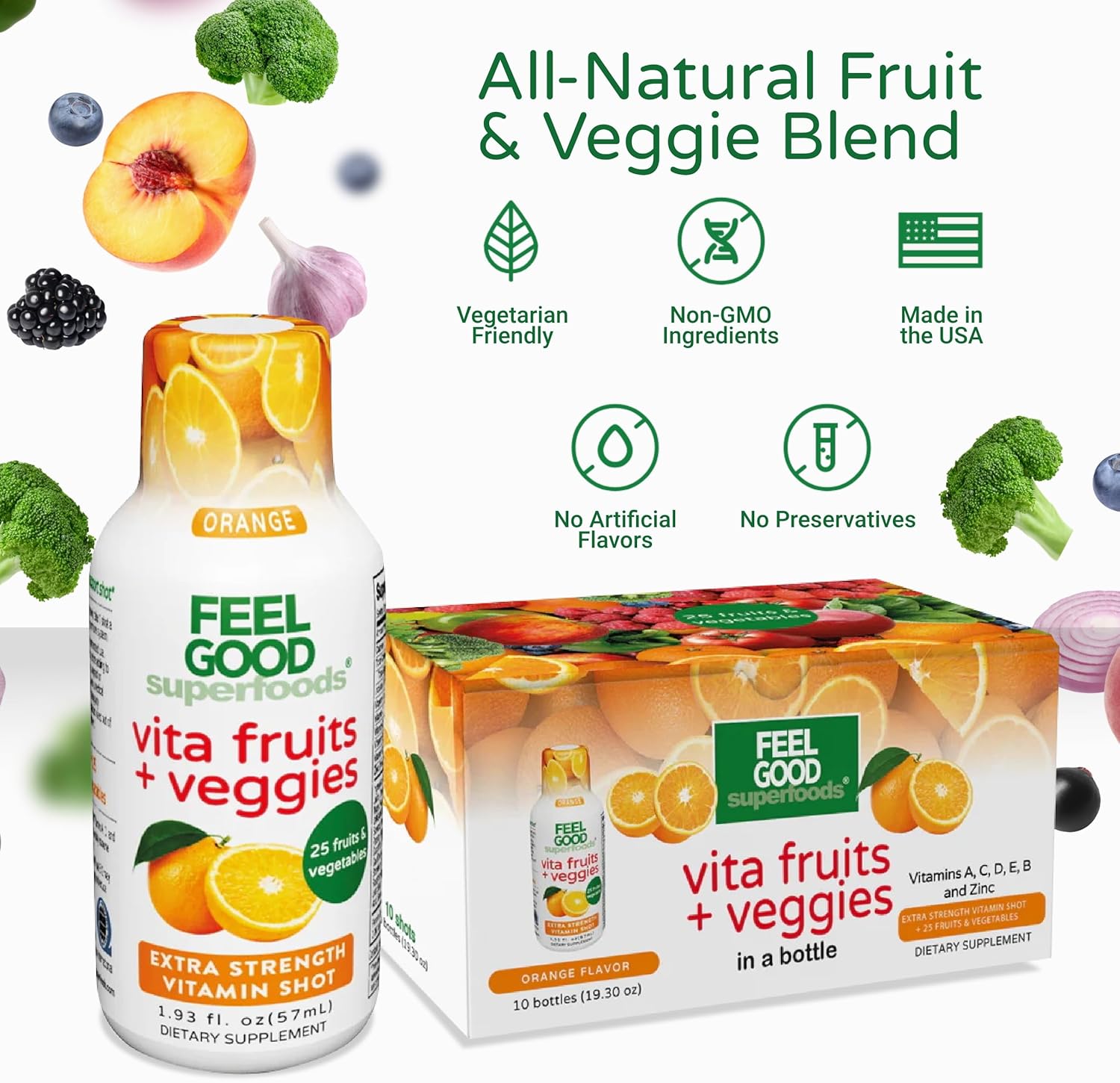FeelGood Superfoods Vita Fruits and Veggies Immune Support Shot Supplements, Orange Flavor, Pack of 10 Immunity Shots, Immune System Booster Drink Made with 25 Organic Fruit & Vegetables